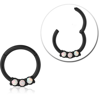 BLACK PVD COATED SURGICAL STEEL ROUND SYNTHETIC OPAL HINGED SEGMENT RING