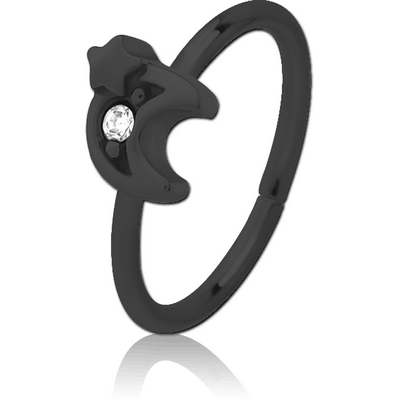 BLACK PVD COATED SURGICAL STEEL JEWELLED SEAMLESS RING - CRESCENT AND STAR