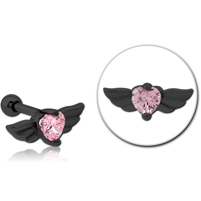 BLACK PVD COATED SURGICAL STEEL JEWELLED TRAGUS MICRO BARBELL - WINGED HEART