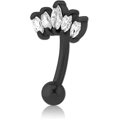 BLACK PVD COATED SURGICAL STEEL JEWELLED FANCY CURVED MICRO BARBELL - FIVE GEMS