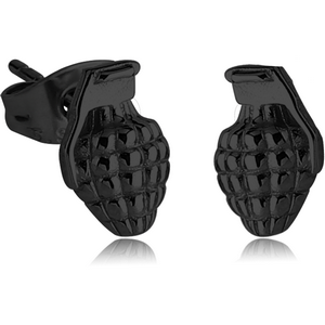 BLACK PVD COATED SURGICAL STEEL EAR STUDS PAIR - GRENADE