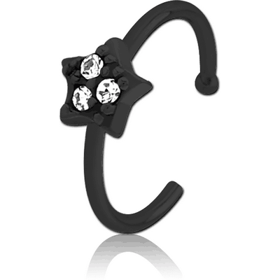 BLACK PVD COATED SURGICAL STEEL JEWELLED OPEN NOSE RING - STAR PRONGS