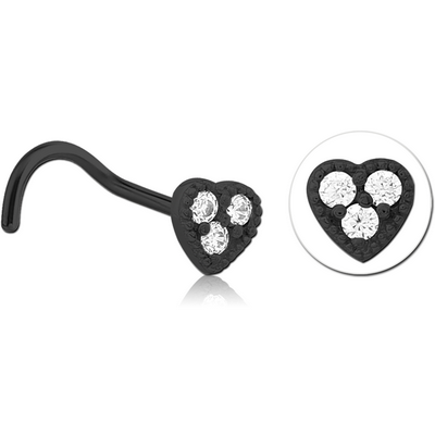 BLACK PVD COATED SURGICAL STEEL CURVED JEWELLED NOSE STUD - HEART