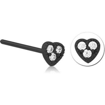 BLACK PVD COATED SURGICAL STEEL STRAIGHT JEWELLED NOSE STUD - HEART