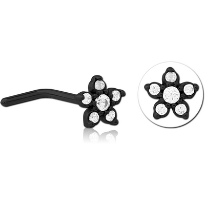 BLACK PVD COATED SURGICAL STEEL 90 DEGREE JEWELLED NOSE STUD -FLOWER