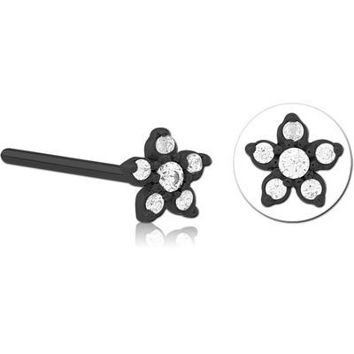 BLACK PVD COATED SURGICAL STEEL STRAIGHT JEWELLED NOSE STUD - FLOWER