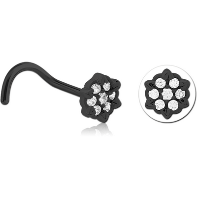 BLACK PVD COATED SURGICAL STEEL CURVED JEWELLED NOSE STUD - FLOWER