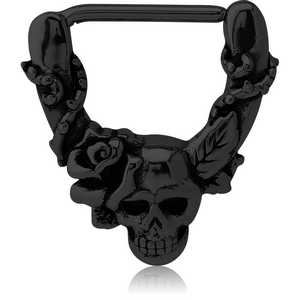 BLACK PVD COATED SURGICAL STEEL NIPPLE CLICKER - SKULLS AND ROSE