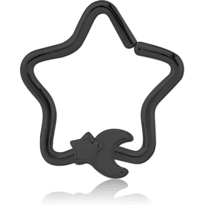 BLACK PVD COATED SURGICAL STEEL OPEN STAR SEAMLESS RING - CRESCENT AND STAR