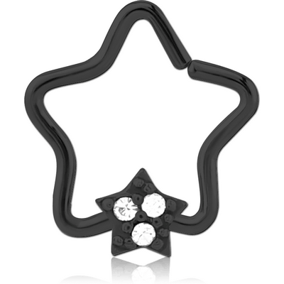 BLACK PVD COATED SURGICAL STEEL JEWELLED OPEN STAR SEAMLESS RING - STAR PRONGS