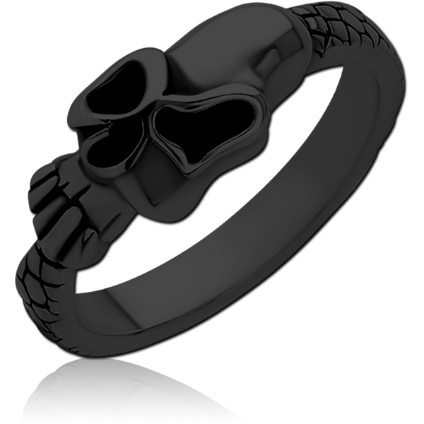 BLACK PVD COATED SURGICAL STEEL RING - THIN BAND SKULL