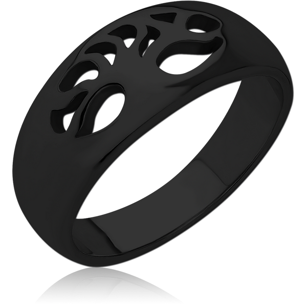 BLACK PVD COATED SURGICAL STEEL RING - BAND CUT OUT TREE OF LIFE