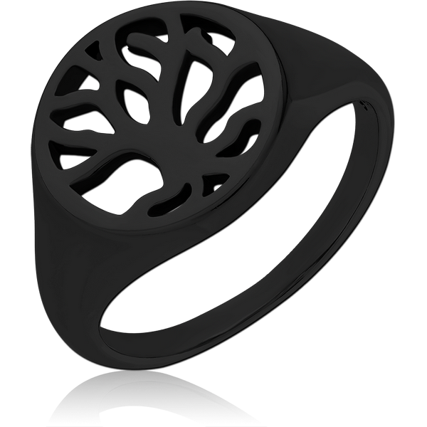 BLACK PVD COATED SURGICAL STEEL RING - CUT OUT TREE OF LIFE