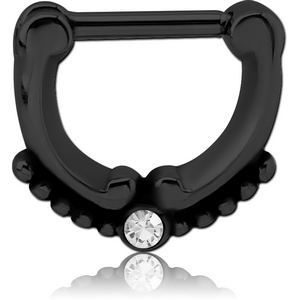 BLACK PVD COATED SURGICAL STEEL ROUND JEWELLED HINGED SEPTUM CLICKER