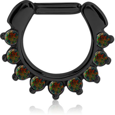 BLACK PVD COATED SURGICAL STEEL ROUND SYNTHETIC OPAL HINGED SEPTUM CLICKER