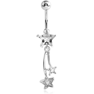 RHODIUM PLATED BRASS JEWELLED STAR NAVEL BANANA WITH FALLING STAR CHARM