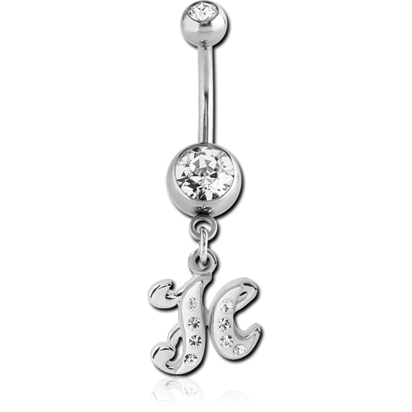 SURGICAL STEEL DOUBLE JEWELLED NAVEL BANANA WITH CRYSTALINE SCRIPT LETTER CHARM - H