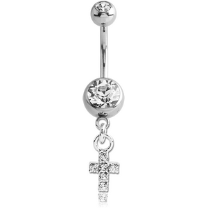 SURGICAL STEEL DOUBLE JEWELLED NAVEL BANANA WITH CROSS CHARM