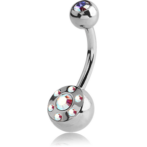 SURGICAL STEEL DOUBLE JEWELLED MULTI STONE NAVEL BANANA