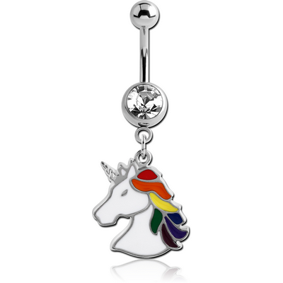 SURGICAL STEEL JEWELLED NAVEL BANANA WITH CHARM - UNICORN