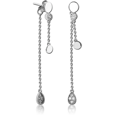 RHODIUM PLATED BRASS JEWELLED CHAIN EAR STUDS PAIR