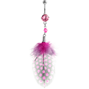 RHODIUM PLATED BRASS JEWELLED NAVEL BANANA WITH DANGLING CHARM - FEATHER