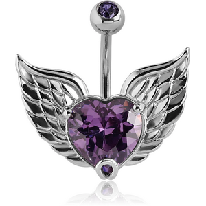 RHODIUM PLATED BRASS JEWELLED NAVEL BANANA - WINGED HEART