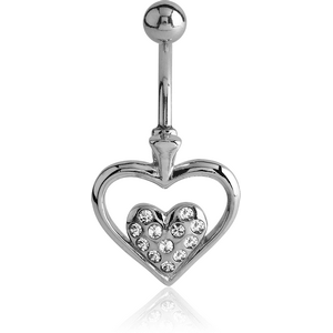 RHODIUM PLATED BRASS JEWELLED NAVEL BANANA - HEART