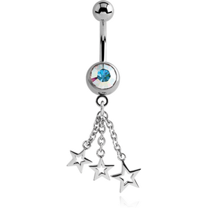 SURGICAL STEEL JEWELLED NAVEL BANANA WITH DANGLING CHARM - THREE STARS