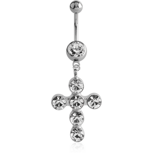 SURGICAL STEEL JEWELLED NAVEL BANANA WITH DANGLING CHARM - CROSS