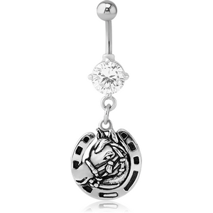 RHODIUM PLATED BRASS JEWELLED NAVEL BANANA WITH DANGLING CHARM - HORSESHOE