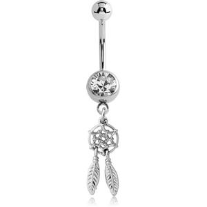 SURGICAL STEEL JEWELLED NAVEL BANANA WITH DANGLING CHARM - DREAM CATCHER