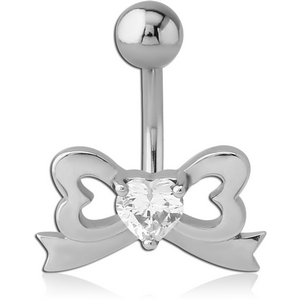 RHODIUM PLATED BRASS JEWELLED NAVEL BANANA - BOW