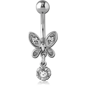 RHODIUM PLATED BRASS JEWELLED NAVEL BANANA - BUTTERFLY AND FLOWER