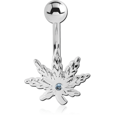 RHODIUM PLATED BRASS VALUE JEWELLED NAVEL BANANA - MARIJUANA LEAF