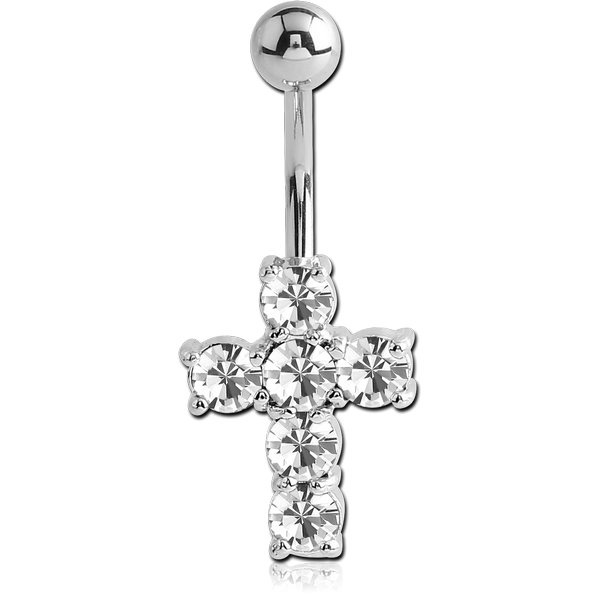 RHODIUM PLATED BRASS VALUE CRYSTALS JEWELLED CROSS NAVEL BANANA