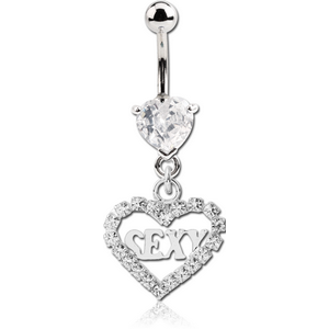 RHODIUM PLATED BRASS JEWELLED HEART NAVEL BANANA WITH DANGLING CHARM