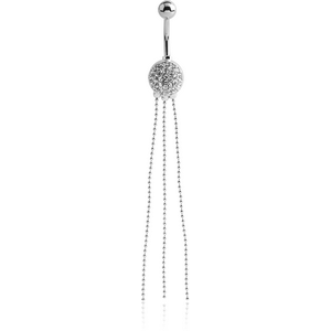 RHODIUM PLATED BRASS JEWELLED ROUND NAVEL BANANA WITH DANGLING CHAINS