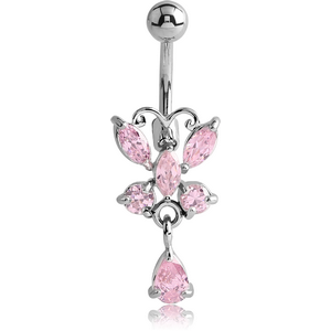 RHODIUM PLATED BRASS JEWELLED BUTTERFLY NAVEL BANANA WITH DANGLING CHARM - PEAR