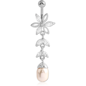 RHODIUM PLATED BRASS JEWELLED FLOWER NAVEL BANANA WITH DANGLING CHARM - SYNTHETIC PEARL