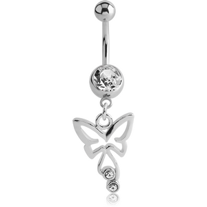 SURGICAL STEEL JEWELLED NAVEL BANANA WITH DANGLING CHARM - BUTTERFLY