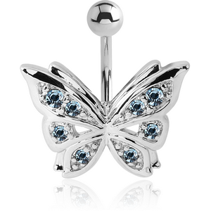 RHODIUM PLATED BRASS JEWELLED NAVEL BANANA - BUTTERFLY