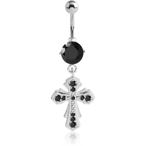 SURGICAL STEEL JEWELLED NAVEL BANANA WITH DANGLING CHARM - CROSS