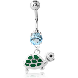 RHODIUM PLATED BRASS JEWELLED NAVEL BANANA WITH DANGLING CHARM - TURTLE