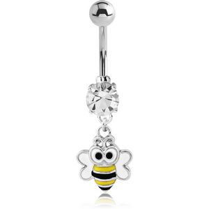 RHODIUM PLATED BRASS JEWELLED NAVEL BANANA WITH DANGLING CHARM - BEE