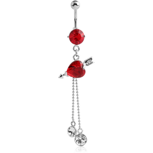 RHODIUM PLATED BRASS JEWELLED NAVEL BANANA WITH DANGLING CHARM - HEART