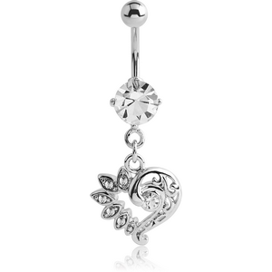 RHODIUM PLATED BRASS JEWELLED NAVEL BANANA WITH DANGLING CHARM - HEART