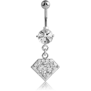 RHODIUM PLATED BRASS PRONG SET JEWELLED NAVEL BANANA WITH CRYSTALINE DANGLING CHARM - DIAMOND