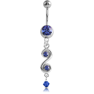 RHODIUM PLATED JEWELLED NAVEL BANANA WITH DANGLING CHARM