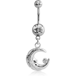 RHODIUM PLATED DOUBLE JEWELLED NAVEL BANANA WITH MOON CHARM